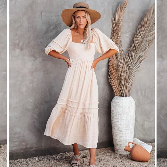 Vici Dresses & Skirts - Katelyn Puff Sleeve Midi Dress in Beige / Yellow, tie back
